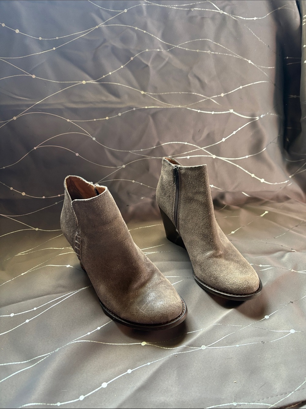 Lucky Brand Taupe Suede Ankle Booties with Stacked Heel